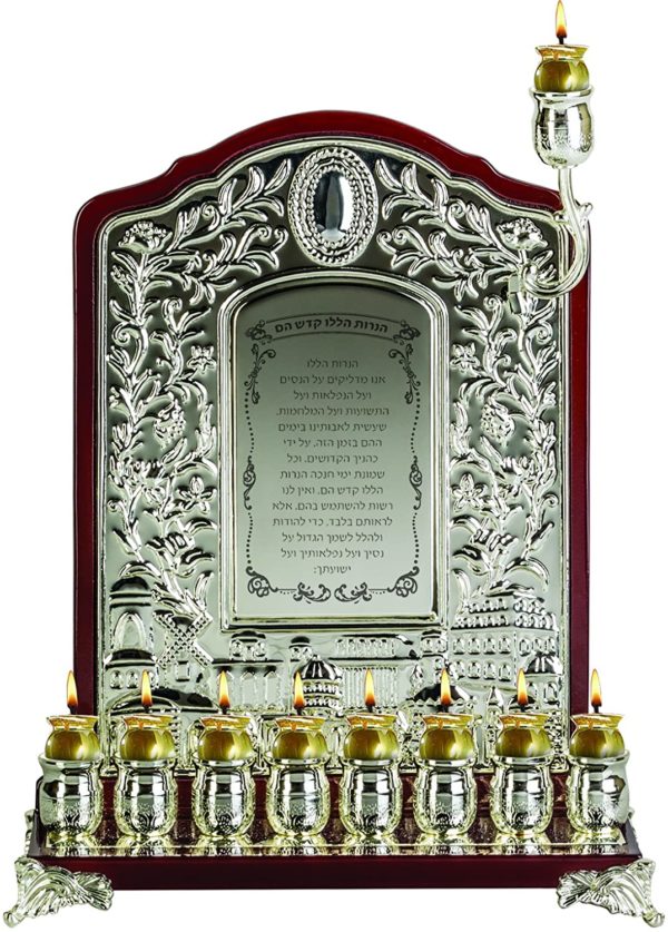 Large Silver Wall Menorah with Wood Accents